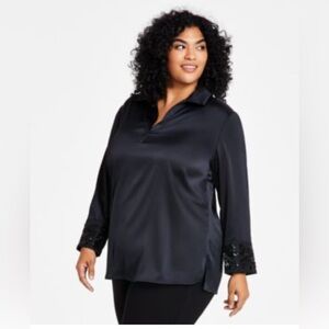 Anne Klein nwt embellished cuff black satin blouse top shirt 2X beaded dressy